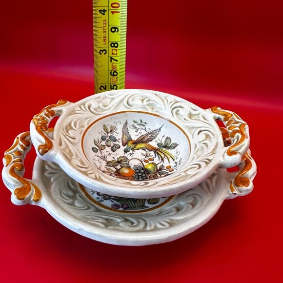 TWO HANDLED CERAMIC LITTLE MAJORKA DISH PLUS BOWL SET w/BIRD & FRUIT DESIGN - Picture 12 of 15